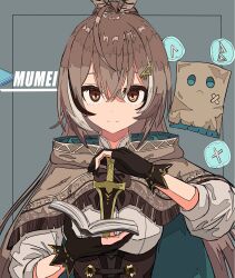 Rule 34 | 1girl, ahoge, book, brown capelet, brown cloak, brown corset, brown eyes, brown hair, cape, capelet, character name, cloak, company logo, corset, crossed bangs, dagger, friend (nanashi mumei), gloves, hair ornament, hairclip, highres, holding, holding book, holding dagger, holding knife, holding weapon, hololive, hololive english, knife, ligne claire, looking at viewer, multicolored hair, nanashi mumei, nanashi mumei (1st costume), partially fingerless gloves, ribbon, runes, shirt, smile, streaked hair, tanau, virtual youtuber, weapon, white shirt