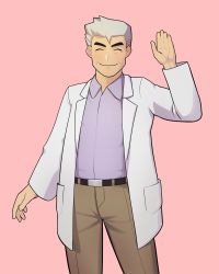 Rule 34 | 1boy, belt, belt buckle, brown pants, buckle, closed eyes, closed mouth, collared shirt, commentary request, creatures (company), facing viewer, game freak, grey hair, hand up, highres, korean commentary, lab coat, long sleeves, male focus, nintendo, open clothes, pants, pink background, pokemon, pokemon frlg, purple shirt, samuel oak, shirt, short hair, simple background, smile, solo, yumilbo