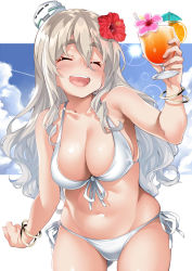 Rule 34 | 1girl, alternate costume, bikini, blue sky, blush, breasts, cleavage, closed eyes, cloud, cocktail, cocktail glass, cup, day, drinking glass, ebifurya, flower, food, front-tie bikini top, front-tie top, fruit, grey hair, hair between eyes, hair flower, hair ornament, highres, kantai collection, large breasts, long hair, open mouth, orange (fruit), orange slice, pola (kancolle), sky, smile, solo, sun, swimsuit, thick eyebrows, twitter username, white bikini, wine glass