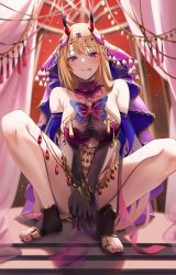 Rule 34 | 1girl, arabian clothes, azur lane, bare legs, blonde hair, blurry, blurry background, blush, breasts, bug, butterfly, butterfly ornament, chain, closed mouth, covering privates, covering crotch, curtains, dancer, female focus, gloves, gold chain, hair ornament, harem outfit, highres, horns, insect, jewelry, kumano (azur lane), kumano (one thousand and one nights&#039; wishes) (azur lane), large breasts, long hair, looking at viewer, nail polish, nicky w, official alternate costume, oni horns, pelvic curtain, purple butterfly, red eyes, smile, solo, spread legs, squatting, thighs, toeless footwear, toeless legwear, toenail polish, toenails, tongue, tongue out, v arms, veil