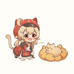 Rule 34 | animal ears, brown footwear, brown gloves, brown scarf, cabbie hat, cat, cat day, cat ears, cat girl, cat tail, chibi, child, clover print, coat, cushion, extra ears, fish hair ornament, full body, genshin impact, gloves, hair ornament, hat, holding, holding plant, kemonomimi mode, klee (genshin impact), kneeling, light brown hair, nami harakamiaka, plant, pocket, pointy ears, red coat, red eyes, red headwear, scarf, tail, white background