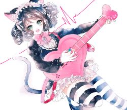 Rule 34 | 10s, 1girl, ahma, animal ears, bell, black hair, bow, cat ears, cat tail, curly hair, cyan (show by rock!!), dress, electric guitar, green eyes, guitar, headdress, instrument, open mouth, show by rock!!, simple background, smile, strawberry heart (show by rock!!), striped clothes, striped thighhighs, tail, thighhighs