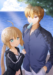 Rule 34 | 1boy, 1girl, ahoge, aro 1801, artoria pendragon (all), artoria pendragon (fate), artoria pendragon (swimsuit archer) (second ascension) (fate), bikini, black jacket, blonde hair, blue shirt, blue sky, child, collarbone, collared shirt, commentary request, day, fate/grand order, fate (series), food, gilgamesh (establishment) (fate), gilgamesh (fate), green eyes, hair tie, highres, holding, hood, hooded jacket, jacket, long hair, looking at viewer, mouth hold, navel, ocean, official alternate costume, open clothes, open jacket, outdoors, pants, ponytail, popsicle, red eyes, saber alter, shirt, short hair, sky, stomach, swimsuit, tongue, tongue out, white bikini, white pants, wing collar