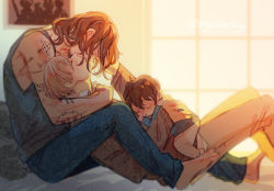 Rule 34 | 3boys, :o, baby, bed, brown hair, child, closed eyes, collar, drawing (object), family, feet, hair between eyes, harry potter, harry potter (series), kiss, lying, lying on lap, lying on person, male focus, medium hair, multiple boys, remus lupin, scar, scar on face, scar on nose, short hair, sirius black, sleeping, tank top, tattoo, toes, twitter username, window, wing collar, wizarding world, yaoi
