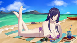 Rule 34 | 1girl, absurdres, alcohol, ass, beach, bikini, blanket, blue sky, boat, book, breasts, cleavage, closed mouth, cloud, cup, drinking straw, eyepatch bikini, unworn eyewear, fate/grand order, fate (series), food, fruit, highres, large breasts, legs up, lemon, long hair, lotion, lotion bottle, lying, minamoto no raikou (fate), minamoto no raikou (fate/grand order), minamoto no raikou (swimsuit lancer) (fate), ocean, on stomach, parted bangs, purple bikini, purple eyes, purple hair, rock, sand, scenery, shore, sky, smile, sunglasses, sunglasses removed, sunscreen, swimsuit, the pose, underboob, very long hair, water, watercraft, waves, xiami