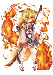 Rule 34 | 1girl, absurdres, ahoge, animal ears, bags under eyes, blonde hair, bridal gauntlets, character request, closed mouth, commentary request, facial mark, fire, fox, fox ears, fox girl, fox tail, full body, glowing, grey kimono, hair between eyes, highres, japanese clothes, kimono, kimono skirt, kitsune, long sleeves, looking at viewer, multiple tails, netamaru, onmyoji, pleated skirt, red eyes, red footwear, sandals, simple background, skirt, socks, solo, standing, tabi, tail, two tails, weapon, weapon on back, white background, white footwear, white skirt, wide sleeves, zouri
