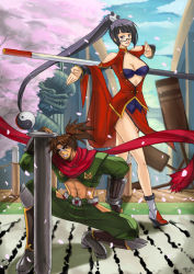 Rule 34 | arc system works, bare shoulders, black hair, blazblue, blazblue: calamity trigger, bra, breasts, brown eyes, brown hair, chuex, cleavage, couple, dark skin, fingerless gloves, glasses, gloves, lao jiu, large breasts, lingerie, litchi faye ling, long hair, nail, open clothes, open shirt, ponytail, purple eyes, shirt, shishigami bang, squatting, staff, standing, underwear, very long hair