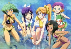 Rule 34 | 10s, 5girls, absurdres, aquarion (series), aquarion evol, barefoot, bikini, black hair, blue eyes, bow, breasts, brown eyes, chiba yuriko, cleavage, feet, flat chest, glasses, green eyes, green hair, hair bow, hair ornament, hairclip, highres, legs, looking at viewer, mikono suzushiro, mix (aquarion), multicolored hair, multiple girls, navel, non-web source, nyantype, official art, open mouth, orange hair, ponytail, purple hair, sazanka bianca, scan, short hair, smile, swimsuit, twintails, water, yunoha thrul, zessica wong