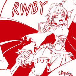 Rule 34 | 1girl, artist name, cape, copyright name, corset, cross, dress, flower, frilled dress, frills, h-new, lineart, long sleeves, monochrome, open mouth, red cape, red theme, rose, ruby rose, rwby, scythe, short hair, signature, solo