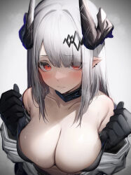 Rule 34 | 1girl, absurdres, arknights, black gloves, black horns, blush, breasts, cleavage, collarbone, eyes visible through hair, gloves, gradient background, grey background, hair ornament, highres, horns, large breasts, long hair, looking at viewer, mudrock (arknights), mudrock (elite ii) (arknights), parted bangs, pointy ears, red eyes, solo, sweat, tab head, upper body, white hair