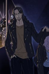 Rule 34 | &gt;:(, 2boys, alternate costume, animal, animal on shoulder, bird, black hair, carrying, casual, cityscape, closed mouth, collared jacket, contemporary, facial hair, goatee, hand in pocket, hand up, hattori (one piece), jacket, long hair, long sleeves, looking to the side, male focus, multiple boys, night, one piece, open clothes, open jacket, outdoors, pants, pigeon, pocket, purple hair, raine (acke2445), rob lucci, shirt, spandam, unzipped, v-shaped eyebrows, zipper