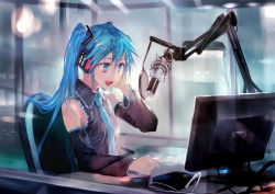 Rule 34 | 1girl, absurdres, bare shoulders, blue eyes, blue hair, bob (biyonbiyon), computer, detached sleeves, hatsune miku, headset, highres, long hair, matching hair/eyes, microphone, necktie, open mouth, pop filter, recording studio, smile, solo, studio, studio microphone, twintails, vocaloid