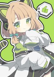 Rule 34 | 1girl, absurdres, animal ear headphones, animal ears, blonde hair, blue archive, blue necktie, bow, cat ear headphones, fake animal ears, fake tail, game development department (blue archive), green background, green bow, green eyes, hair bow, headphones, highres, jacket, komano shia, midori (blue archive), multicolored clothes, multicolored jacket, necktie, outline, sleeves past wrists, smile, spoken thumbs up, tail, upper body, white jacket