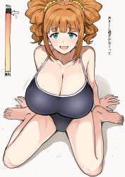 Rule 34 | :d, alternate breast size, aqua eyes, bare legs, bare shoulders, barefoot, blue one-piece swimsuit, blunt bangs, blush, breasts, cleavage, commentary request, from above, highres, huge breasts, idolmaster, idolmaster (classic), looking at viewer, one-piece swimsuit, open mouth, orange hair, scrunchie, shadow, short hair, short twintails, sidelocks, sitting, smile, solo, swimsuit, takatsuki yayoi, translation request, tsurui, twintails, wariza, white background