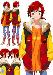 Rule 34 | 10s, 1girl, boots, casual, hands in pocket, hino akane (smile precure!), jacket, looking at viewer, orange shirt, precure, red eyes, red hair, shirt, short hair, simple background, smile, smile precure!, solo, tima, white background