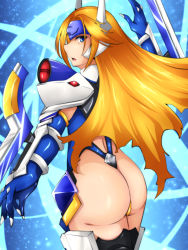 Rule 34 | 1girl, arc system works, arm blade, armor, ass, blazblue, blonde hair, blue eyes, byakkun (byakkun8181), forehead protector, from behind, gloves, highres, long hair, looking at viewer, looking back, mecha musume, mu-12, open mouth, shiny clothes, shiny skin, solo, thighhighs, thong, very long hair, weapon