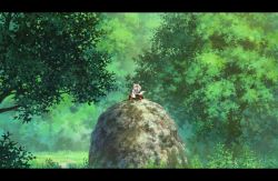 Rule 34 | 1girl, animal ears, boulder, commentary request, day, forest, geta, grass, hand up, hat, highres, inubashiri momiji, letterboxed, long sleeves, looking at viewer, medium hair, nature, outdoors, red eyes, red footwear, red hat, red skirt, rock, scenery, shading eyes, skirt, solo, suzu (susan slr97), tail, tokin hat, touhou, tree, white hair, wide shot, wide sleeves, wolf ears, wolf tail