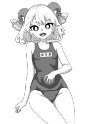 Rule 34 | 1girl, bare arms, bare legs, bare shoulders, breasts, cowboy shot, curled horns, earrings, greyscale, groin, horns, jewelry, looking at viewer, monochrome, name tag, one-piece swimsuit, onkn sxkn, open mouth, pointy ears, school swimsuit, sharp teeth, sheep horns, short hair, simple background, small breasts, smile, solo, swimsuit, teeth, touhou, toutetsu yuuma, white background