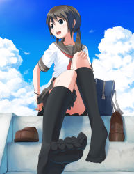 Rule 34 | 1girl, cloud, feet, naono, original, perspective, school uniform, serafuku, sitting, sky, socks, solo