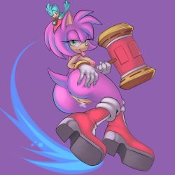 Rule 34 | :p, amy rose, anus, breasts, cleft of venus, eyelashes, flicky (character), from behind, green eyes, half-closed eyes, hammer, headband, high heels, nipples, nude, pink hair, pussy, red headband, sonic (series), tail, tongue, tongue out, uncensored