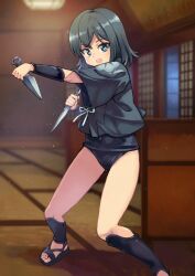 Rule 34 | :o, architecture, black footwear, black hair, blue eyes, blurry, blurry background, bracer, commentary request, depth of field, dual wielding, east asian architecture, funa fukube, hanten (clothes), highres, holding, holding weapon, kouno hikaru, kunai, looking at viewer, ninja, old school swimsuit, original, sandals, school swimsuit, short hair, shouji, sliding doors, standing, swimsuit, swimsuit under clothes, tatami, teeth, upper teeth only, weapon