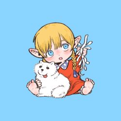Rule 34 | 1girl, :o, :p, alternate eye color, animal, arm up, barefoot, blonde hair, bloomers, blue background, blue eyes, braid, chibi, creature, dog, dress, dungeon meshi, elf, full body, hashtag-only commentary, head tilt, highres, holding, kara 0907, laios touden, laios touden (dog), long hair, marcille&#039;s monster, marcille donato, open mouth, playing, pointy ears, red dress, shoe soles, simple background, sitting, tongue, tongue out, twin braids, twintails, underwear