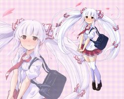 Rule 34 | 1girl, alternate costume, alternate hairstyle, bag, black footwear, blush, bow, brown eyes, closed mouth, collared shirt, commentary request, fujiwara no mokou, hair bow, hirowa nagi, interlocked fingers, loafers, long hair, looking at viewer, necktie, nose blush, own hands together, petals, plaid, plaid background, pleated skirt, red necktie, red skirt, satchel, school uniform, shirt, shoes, short sleeves, skirt, standing, thighhighs, touhou, twintails, very long hair, white hair, white shirt, white thighhighs, zettai ryouiki, zoom layer
