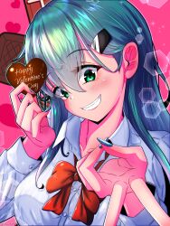 Rule 34 | 1girl, absurdres, aqua hair, bow, bowtie, candy, chocolate, chocolate heart, collared shirt, dress shirt, food, green eyes, grin, gyaru v, hair ornament, hairclip, happy valentine, heart, highres, kantai collection, lens flare, pink background, red bow, red bowtie, shirt, smile, solo, suzuya (kancolle), upper body, v, white shirt, yoko hata