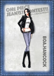 Rule 34 | 1girl, black hair, boa hancock, boots, breasts, cleavage, denim, earrings, female focus, full body, jacket, jeans, jewelry, large breasts, midriff, one piece, pants, solo