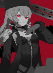 Rule 34 | 1girl, bustier, choker, code vein, fhang, fur hat, fur trim, gloves, grin, hand on own chest, hat, long coat, looking at viewer, mia karnstein, papakha, red background, red eyes, red theme, slit pupils, smile, solo, spot color, teeth, twintails, zipper, zipper pull tab
