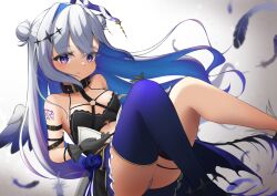 Rule 34 | 1girl, absurdres, amane kanata, amane kanata (another world), angel, angel wings, belt collar, black collar, blue hair, blue thighhighs, blush, breasts, collar, colored inner hair, feathered wings, feathers, fourierkaeru, grey hair, hair bun, hair ornament, highres, hololive, long hair, looking at viewer, multicolored hair, purple eyes, single hair bun, single thighhigh, small breasts, smile, solo, star (symbol), star hair ornament, thigh strap, thighhighs, virtual youtuber, wings