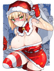 Rule 34 | areola slip, arms (game), bell, blonde hair, breasts, domino mask, dress, gloves, green eyes, hat, highres, jingle bell, large breasts, mask, min min (arms), outside border, panties, pantyshot, santa capelet, santa costume, santa dress, santa gloves, santa hat, short hair, strapless, strapless dress, striped clothes, striped panties, striped thighhighs, sweat, takayama toshinori, thighhighs, underwear, veins, veiny breasts
