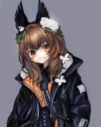 Rule 34 | 1girl, arms at sides, black coat, black shirt, brown hair, bug, butterfly, closed mouth, coat, collared shirt, commentary request, expressionless, flower, grey background, hair flower, hair ornament, hair over shoulder, head wings, highres, insect, lavender quartz, light frown, long hair, long sleeves, looking at viewer, medibang paint (medium), mikazuki (mikadukia031), multicolored coat, open clothes, open coat, orange coat, orange eyes, puffy long sleeves, puffy sleeves, quilted clothes, shirt, simple background, solo, torabishi lana, upper body, wavy hair, white butterfly, white flower, wings