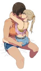 Rule 34 | 2girls, arms around neck, ass, ass grab, back, blue shorts, breasts, brown hair, cutoffs, dark-skinned female, dark skin, denim, denim shorts, french kiss, grabbing another&#039;s ass, groping, height difference, highres, hug, kei (m k), kiss, large breasts, long hair, m k, multiple girls, original, ponytail, rika (m k), short hair, short shorts, shorts, simple background, sitting, sitting on lap, sitting on person, size difference, tomboy, tongue, tongue out, white background, yuri
