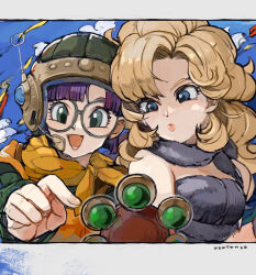 2girls ayla_(chrono_trigger) blonde_hair blue_eyes breasts chrono_trigger curious excited fur_(clothing) glasses green_eyes hat highres long_hair lucca_ashtear medium_breasts multiple_girls orange_scarf purple_hair scarf short_hair signature uzutanco