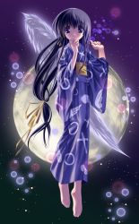 Rule 34 | 1girl, barefoot, black hair, blue eyes, blue kimono, feathers, feet, japanese clothes, kimono, long hair, moon, ribbon, single wing, solo, wings, yukata