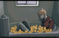 Rule 34 | 1boy, bathroom, bathtub, clothed bath, commentary request, genshin impact, grey pants, hair between eyes, highres, indoors, looking at viewer, male focus, orange hair, pants, parted lips, ponpo321, red shirt, rubber duck, shirt, sitting, solo, tartaglia (genshin impact), water, window