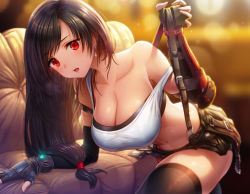 Rule 34 | 1girl, absurdres, bad id, bad pixiv id, black hair, black skirt, breasts, cleavage, couch, earrings, elbow gloves, final fantasy, final fantasy vii, final fantasy vii remake, fingerless gloves, gibagiba, gloves, highres, huge filesize, jewelry, large breasts, long hair, looking at viewer, low-tied long hair, navel, shirt, skirt, solo, square enix, stomach, strap slip, suspender skirt, suspenders, suspenders pull, tank top, taut clothes, taut shirt, thighhighs, tifa lockhart, toned, white tank top