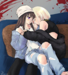 2girls barefoot beanie black_jacket black_shirt blonde_hair blood blood_splatter blue_jacket blue_pants blush brown_hair closed_eyes closed_mouth commentary_request couch denim hat highres holding_hands inoue_takina jacket jeans jewelry kissing_shoulder komari_(komarimiru3) long_hair lycoris_recoil medium_hair multiple_girls necklace nishikigi_chisato off_shoulder on_couch pants purple_eyes red_nails shirt sitting sleeveless sleeveless_shirt tank_top torn_clothes torn_jeans torn_pants watermark white_hat white_tank_top yuri