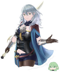 Rule 34 | 1girl, armor, bad id, bad pixiv id, black armor, blue cape, blue shirt, blue shorts, breasts, brown gloves, brown pantyhose, byleth (female) (fire emblem), byleth (fire emblem), cape, closed mouth, clothing cutout, color switch, commentary request, cropped legs, dagger, emblem, fire emblem, fire emblem: three houses, gloves, green eyes, green hair, grey hair, hair between eyes, highres, holding, holding sword, holding weapon, knife, large breasts, long hair, looking at viewer, navel, navel cutout, nintendo, open hand, orio (oront1y), pantyhose, sheath, sheathed, shirt, short shorts, short sleeves, shorts, sidelocks, simple background, smile, standing, sword, sword of the creator, thought bubble, twitter username, vambraces, weapon, white background