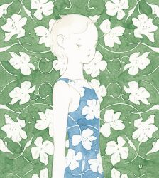 Rule 34 | 1girl, blonde hair, blue dress, closed eyes, colored skin, dress, flat chest, floral background, floral dress, flower, green background, kishi takuya, original, painting (medium), petite, short hair, skinny, solo, traditional media, watercolor (medium), white flower, white skin