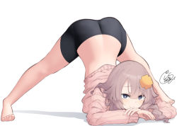 Rule 34 | 1girl, bad id, bad twitter id, barefoot, beni shake, bike shorts, black shorts, blue eyes, brown sweater, closed mouth, clothes lift, commentary request, full body, grey hair, hair between eyes, hair ornament, jack-o&#039; challenge, long hair, long sleeves, original, ribbed sweater, senpai-chan (beni shake), shadow, short shorts, shorts, signature, sleeves past wrists, smile, solo, sweater, sweater lift, top-down bottom-up, white background