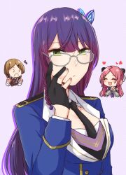 Rule 34 | 3 3, 3girls, :/, :3, :d, ^^^, ^ ^, adjusting eyewear, arm at side, assault lily, bespectacled, black gloves, black necktie, blue jacket, blue sailor collar, blush, borrowed accessory, bow, bowtie, braid, breasts, brown hair, butterfly hair ornament, chibi, chibi inset, closed eyes, closed mouth, collared shirt, commentary, corset, cropped torso, detached sleeves, epaulettes, funada kiito, glasses, gloves, green eyes, grey-framed eyewear, hair ornament, hairpods, half gloves, hand up, hands up, heart, interlocked fingers, jacket, layered sleeves, long hair, long sleeves, looking at viewer, low twin braids, low twintails, ludvico private girls&#039; academy school uniform, matsunaga brigitta kayo, medium breasts, mole, mole under eye, multiple girls, neckerchief, necktie, nigari (ngari 0115), odaiba girls high school uniform, open mouth, own hands clasped, own hands together, parted bangs, partially fingerless gloves, pink bow, pink bowtie, polka dot, polka dot background, purple background, purple hair, purple neckerchief, raised eyebrows, red hair, sailor collar, school uniform, shiba tomoshibi, shirt, side braid, single braid, sleeveless, sleeveless shirt, smile, suspenders, symbol-only commentary, twin braids, twintails, underbust, upper body, v-shaped eyebrows, white shirt