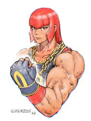 Rule 34 | 1girl, absurdres, biceps, black gloves, black sports bra, brown eyes, chain, chain necklace, clenched hand, fingerless gloves, flexing, gloves, highres, jewelry, looking at viewer, marisa (street fighter), muscular, muscular female, necklace, portrait, quasimodox, red hair, short hair, sleeveless, solo, sports bra, straight hair, street fighter, street fighter 6
