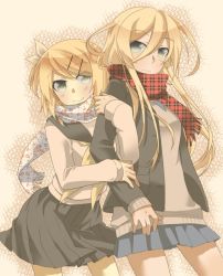Rule 34 | 2girls, blonde hair, blue eyes, casual, colorized, edwin503 yayoi, hair ornament, hairclip, kagamine rin, lily (vocaloid), multiple girls, scarf, ui (rot), vocaloid