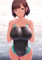Rule 34 | 1girl, backlighting, bare shoulders, black one-piece swimsuit, blue one-piece swimsuit, blush, breasts, brown eyes, brown hair, collarbone, competition swimsuit, highleg, highleg swimsuit, highres, large breasts, looking at viewer, nanahime, one-piece swimsuit, original, short hair, smile, solo, swimsuit, thighs, two-tone swimsuit, wading, wet