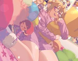 Rule 34 | 1girl, ahoge, bespectacled, blonde hair, blush, breasts, cushion, dress, dutch angle, fur-trimmed footwear, fur trim, glasses, grey-framed eyewear, hair between eyes, hands up, holding, holding stuffed toy, hoyaza1561, ibuki tsubasa, idolmaster, idolmaster million live!, idolmaster million live! theater days, indoors, large breasts, lens flare, light particles, long sleeves, looking at viewer, nonohara akane, on bed, open mouth, p-head producer, producer (idolmaster), purple dress, purple footwear, red eyes, shinomiya karen, short hair, sitting, smile, solo, stuffed toy, teeth, upper teeth only, wariza