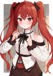 Rule 34 | 1girl, absurdres, ahoge, bare shoulders, blush, border, bow, bowtie, commentary request, eris greyrat, hair between eyes, hair bow, highres, long hair, long sleeves, looking at viewer, mushoku tensei, racchi., red hair, solo, twintails, white border