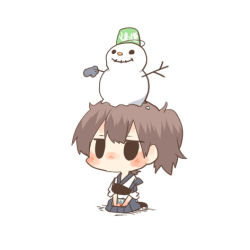 Rule 34 | 10s, 1girl, black eyes, blush, brown hair, bucket, food, gloves, kaga (kancolle), kantai collection, lowres, object on head, rebecca (keinelove), short hair, side ponytail, sitting, snowman, solo, twig