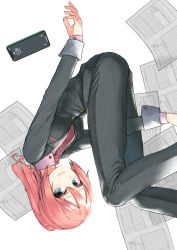 Rule 34 | aqua eyes, bad id, bad twitter id, black jacket, black pants, black suit, blush, business suit, cellphone, clock, collarbone, commentary, digital clock, dress shirt, feet out of frame, formal, furrowed brow, hello worker (vocaloid), highres, jacket, knees up, light blush, light frown, lipstick, looking at viewer, makeup, medium hair, megurine luka, necktie, pants, paper, phone, pink hair, pink shirt, ponytail, project diva (series), recruiter (module), red necktie, rsk (tbhono), shirt, smartphone, solo, striped clothes, striped jacket, striped necktie, striped pants, suit, suit jacket, tears, time, upside-down, vocaloid, white background, wrist cuffs